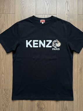 Kenzo Black Tee with White Logo and Gold Dragon